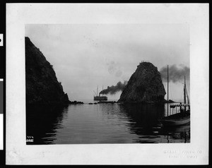 View of Sugar Loaf in Avalon Harbor with a steamship in the background, ca.1902