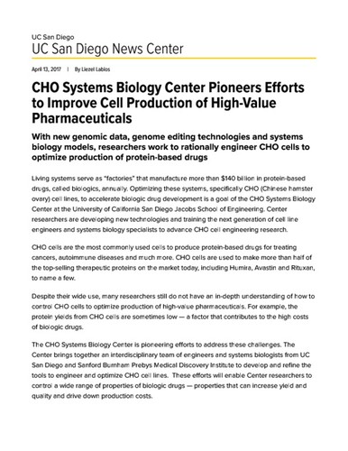 CHO Systems Biology Center Pioneers Efforts to Improve Cell Production of High-Value Pharmaceuticals