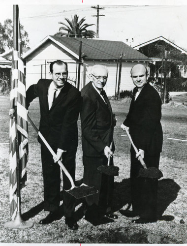 Supervisor Kenneth Hahn, Mr. Pepperdine and President Young with spades of dirt on the Los Angeles campus (cir. 1958 - 1960)