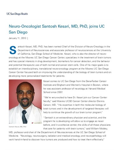 Neuro-Oncologist Santosh Kesari, MD, PhD, joins UC San Diego