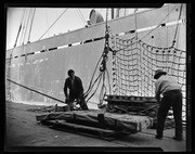 Men working on waterfront dock, California Labor School