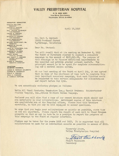 Letter from Valley Presbyterian Hospital, April 1956
