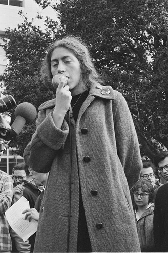 Bettina Aptheker speaking in front of Sproul Hall