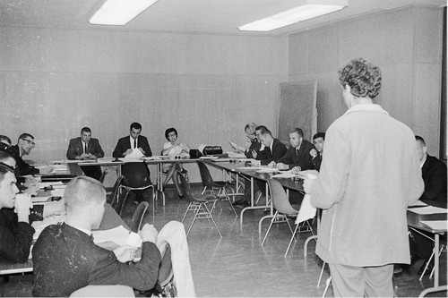 FSM meeting with back view of Mario Savio