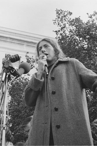 Bettina Aptheker speaking in front of Sproul Hall