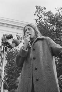 Bettina Aptheker speaking in front of Sproul Hall