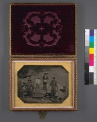 [Six miners with rocker, wheel barrows, picks, shovels and gold pans.]