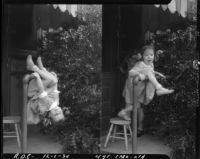 Two portraits of Rosita Dee Cornell playing on a backyard pipe railing, California, 1934