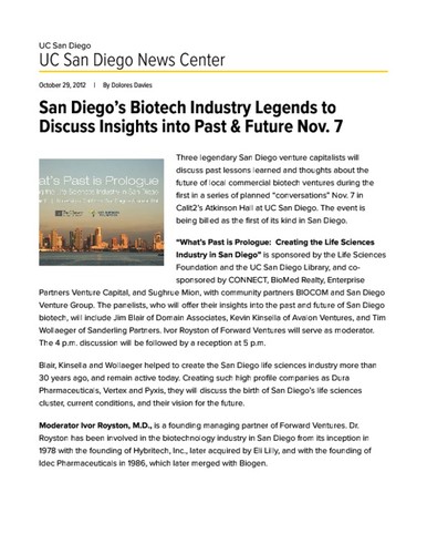 San Diego’s Biotech Industry Legends to Discuss Insights into Past & Future Nov. 7