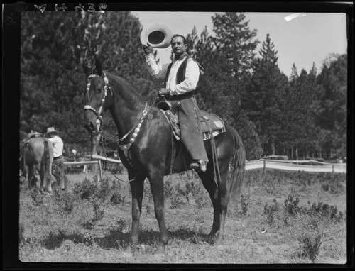 Actor Reginald Denny on horseback, Lake Arrowhead Rodeo, Lake Arrowhead, 1929