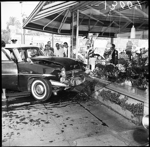 (Orance County Section) Car into florist window at West 5th Street and North Broadway in Santa Ana, 1961