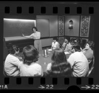 Jill Fox conducting English language class with Spanish-speaking Marriott Hotel employees in Los Angeles, Calif., 1974