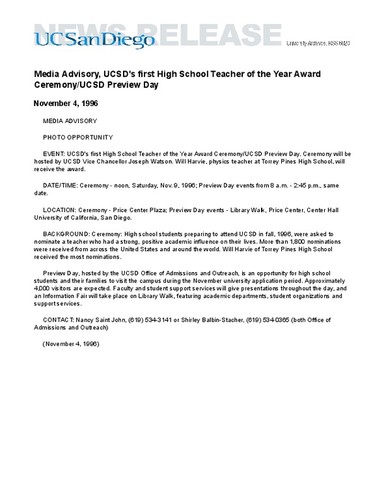 Media Advisory, UCSD's first High School Teacher of the Year Award Ceremony/UCSD Preview Day
