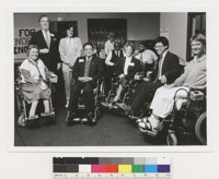 L[eft] to R[ight:] Susan O'Hara, Dir., UCB Residence Program, Kurt Lauridsen, Dir., UCB Learning Center, Mary Ann Skrivanich, Special Asst., UCB Res. Prog., Deng Pufang,Director-in-Chief, China Fund for the Handicapped, Gerald Baptiste, Deputy Dir., CIL, Sharon Bonney, Dir. Disabled Students' Program, Michael Winter, Dir., CIL, Johnson Chu, Student, UCB, Kathi Pugh, Boalt graduate, At CIL, Oct. 1987