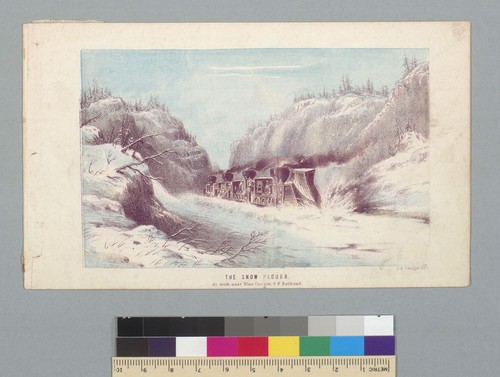 The snow plough [sic] at work near Blue Canyon, G.P. Railroad