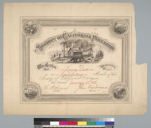 Society of California Pioneers [certificate]