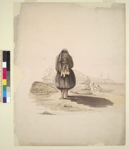 [Yurok? Indian woman carrying child in papoose on back, Humboldt County, California?]