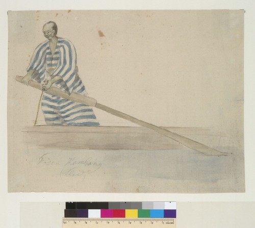 [Japanese oarsmen in blue and white striped Kimono]