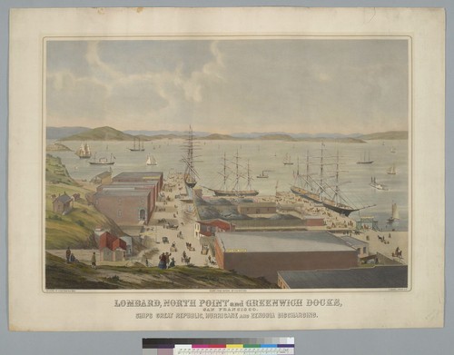 Lombard, North Point, and Greenwich Docks, San Francisco [California]: ships Great Republic, Hurricane, and Zenobia discharging