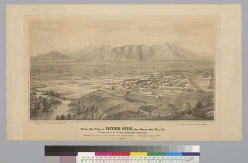 Bird's-eye view of Riverside, San Bernardino Co[unty], Cal[ifornia] looking north to the San Bernardino Mountains