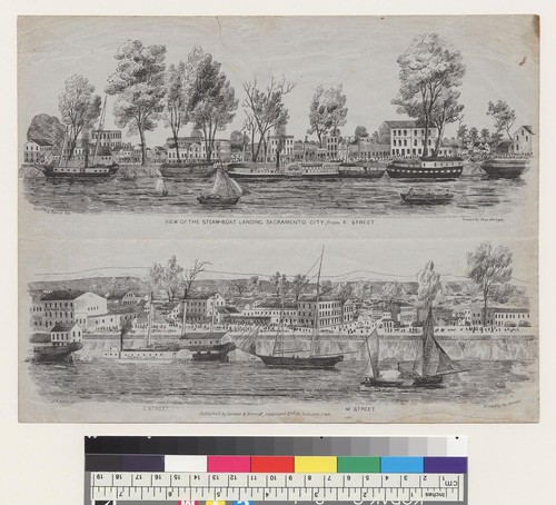 View of the steamboat landing, Sacramento City [California] from K Street/L Street, M Street