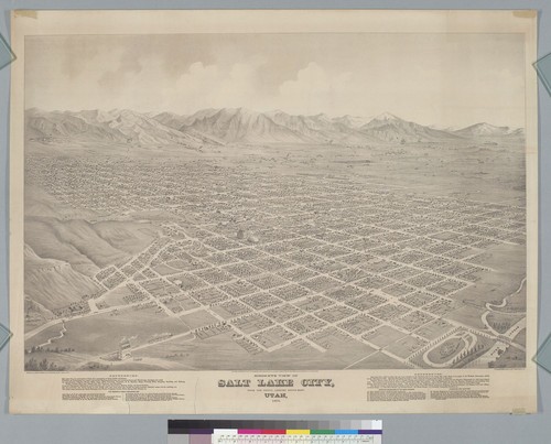 Bird's-eye view of Salt Lake City, from the north looking southeast, Utah, 1875