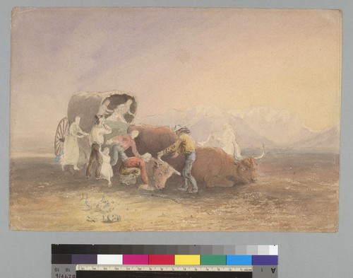 [Covered wagon in the desert: emigrants tend to fallen oxen]