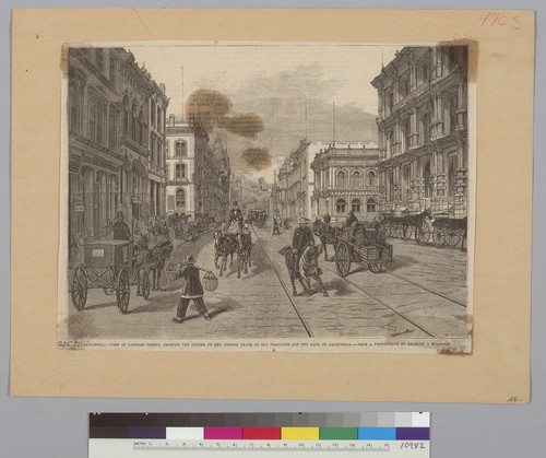 California, view of Sansome Street, showing the center of the jobbing trade of San Francisco and the Bank of California