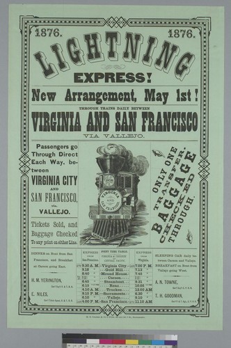 Lighting express!... through trains daily between Virginia [City, Nevada] and San Francisco via Vallejo [California]