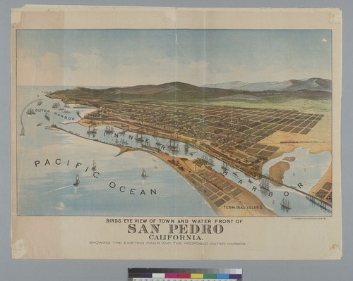 Bird's-eye view of town and waterfront of San Pedro, California: showing the existing inner and the proposed outer harbor