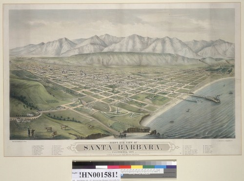 Bird's Eye View of Santa Barbara, Calif[ornia], 1877: Looking north to the Santa Barbara Mountains