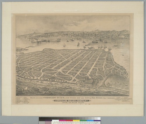 Bird's-eye view of Coronado Beach, San Diego Bay and city of San Diego, Cal[ifornia] in distance