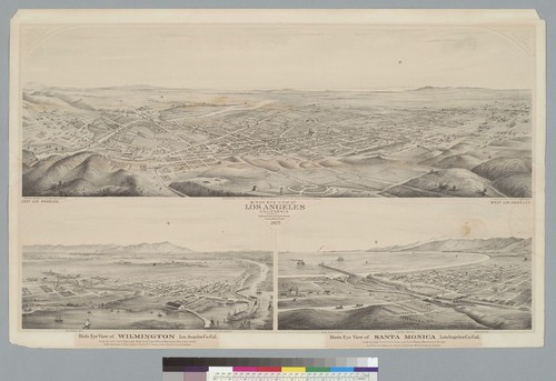 Bird's-eye view of Los Angeles, California: looking south to the Pacific Ocean, 1877