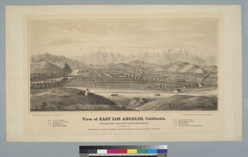 View of East Los Angeles, California, from Brooklyn Heights looking north to the Sierra Madre Mountains