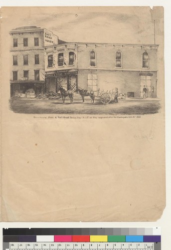 Rosenbaum's Store & Railroad House, Clay St[reet], S[an] F[rancisco, California] as they appeared after the earthquake Oct[ober] 21st, 1868