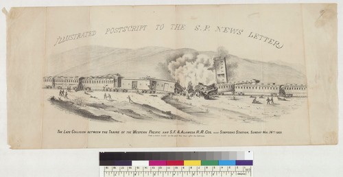 The late collision between the trains of the Western Pacific and S[an] F[rancisco] & Alameda R[ail] R[oad] Co[mpanie]s near Simpsons Station [California], Sunday No[ember] 14th, 1869