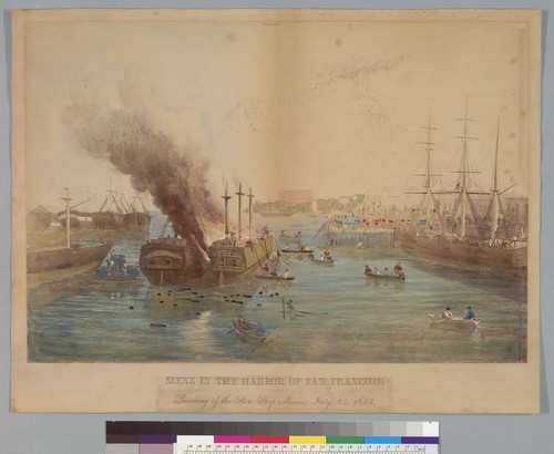 Scene in the harbor of San Francisco [California]: burning of the store ship Manco, July 24, 1853