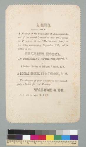 [Invitation to business meeting given by Warren & Company at Orleans Hotel, Sacramento, California]