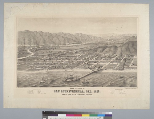 Bird's-eye view of San Buenaventura, California, 1877, from the bay looking north