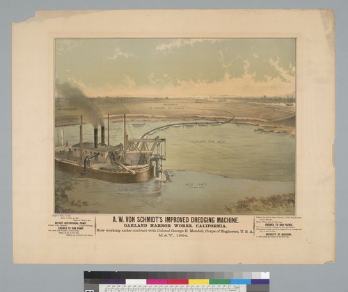 A. W. Von Schmidt's improved dredging machine, Oakland Harbor Works, California