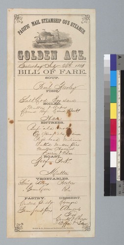 Pacific Mail Steamship Company's steamer Golden Age, Saturday July 26th, 1863, bill of fare