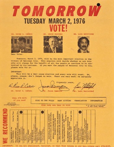 Ad Hoc Committee on Chicano Rights. Political campaign endorsements - Ballot form. Oscar Cañedo, Jesse Ramirez, and Luis Natividad