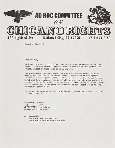 Ad Hoc Committee on Chicano Rights. "No" to Immigration and Naturalization Service survey letter