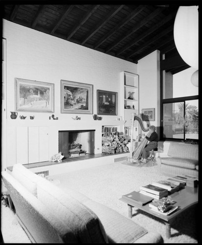 Marx, Harpo, residence [El Rancho Harpo]. Harpo with harp and Living ...
