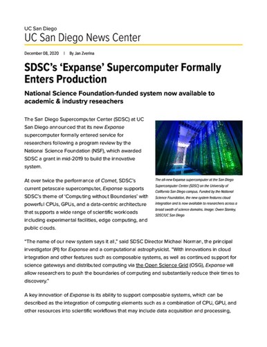 SDSC’s 'Expanse' Supercomputer Formally Enters Production