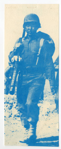 Image of Japanese American soldier in uniform printed with blue ink