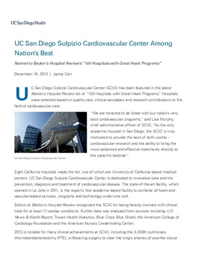 UC San Diego Sulpizio Cardiovascular Center Among Nation's Best