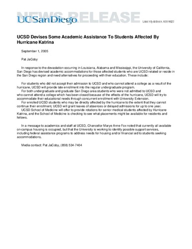 UCSD Devises Some Academic Assistance To Students Affected By Hurricane Katrina