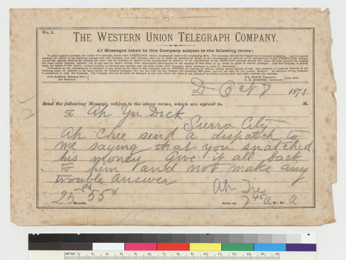 Telegram to a Chinese in Sierra City, Calif