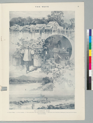 No. 35, page 15: The Sacramento River: 1. Chinese Village 2. A Fruit Landing 3. View on the River, Mt. Diablo in the distance 4. Bird's-eye view of the River, showing the Levees and Fruit Culture